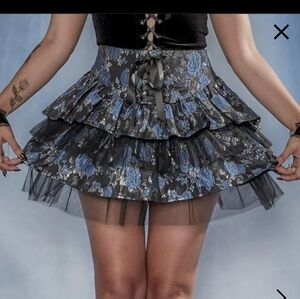 Black Floral Tiered Mini Skirt with Blue Foil Accents